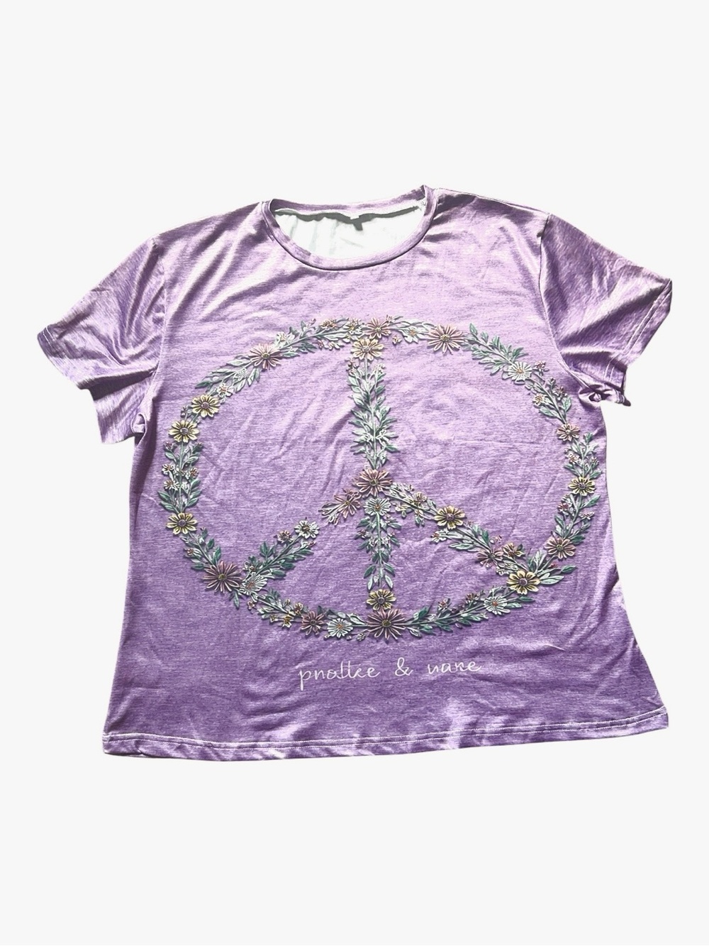 Purple short-sleeve shirt featuring a large floral & leaf peace sign graphic 1X - Picture 4 of 10